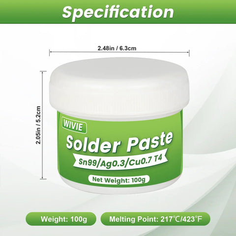 Pro Grade Lead-Free Solder Paste SAC0307 Sn99 Ag0.3 Cu0.7 jar, 100g, with dimensions and melting point details