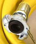 Close-up of Heavy Duty Yellow Rubber Air Hose For Jackhammers 3/4 Inch By 50 Feet 300 Psi Chicago Style Couplers end fitting.