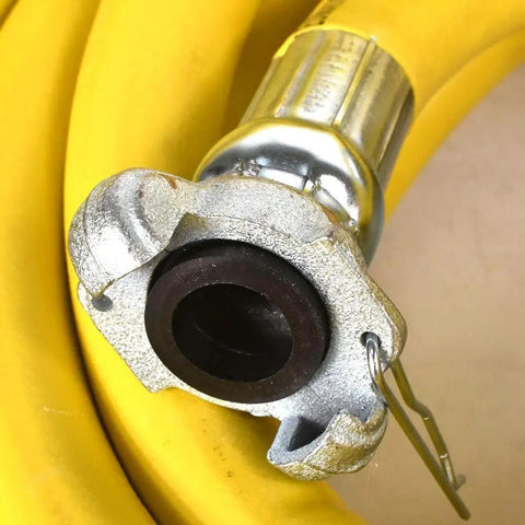 Close-up of Heavy Duty Yellow Rubber Air Hose For Jackhammers 3/4 Inch By 50 Feet 300 Psi Chicago Style Couplers end fitting.