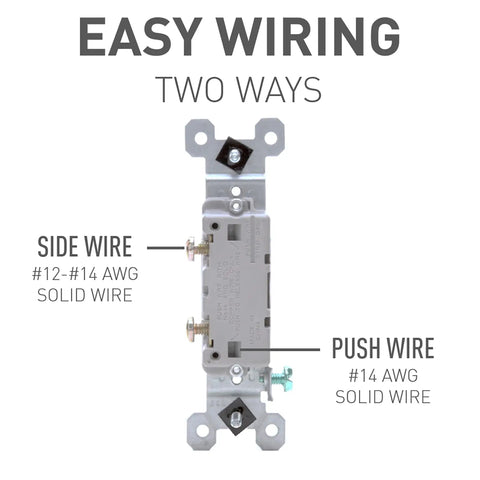 Trademaster 15 Amp Single Pole Toggle Light Switch Black Residential Grade with side and push wire terminal options.