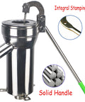 Front view of stainless steel manual well pump with green handle and side outlet; base mounting holes visible.