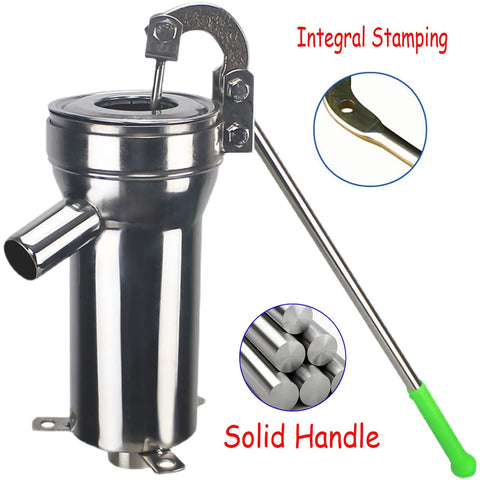 Front view of stainless steel manual well pump with green handle and side outlet; base mounting holes visible.