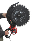 Job Site Ready 16 Inch Wet Dry Electric Concrete Cutting Saw With Integrated Water Pump, close-up of blade and handle.