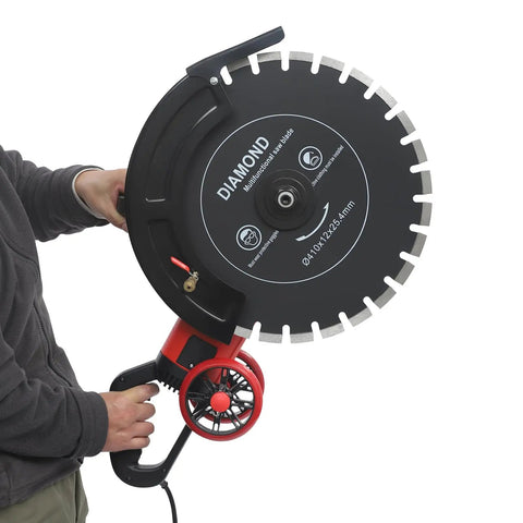 Job Site Ready 16 Inch Wet Dry Electric Concrete Cutting Saw With Integrated Water Pump, close-up of blade and handle.