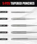 Five tapered punches from Pro Grade 16 Piece Punch And Chisel Set For Mechanic And Metalworking with size labels