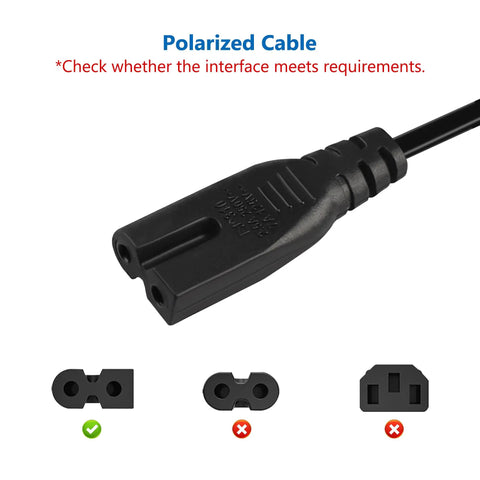 Close-up of Nine Point Eight Foot Sewing Machine Power Cord 2 Prong Cable for Home Sewing Machines Tough As Nails ABS PC Wire tip.