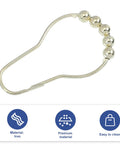 Gold Iron Bead Shower Curtain Hooks With Glide Rollers shown with iron material focus and easy clean icons.