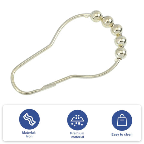 Gold Iron Bead Shower Curtain Hooks With Glide Rollers shown with iron material focus and easy clean icons.