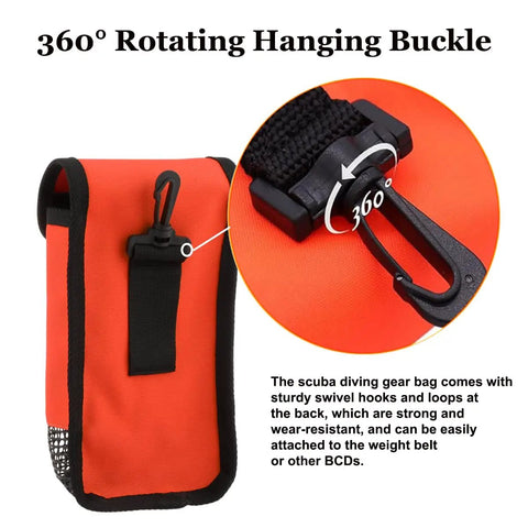 Orange Mesh Scuba Diving Gear Bag With Snorkeling Equipment Storage Pocket For SMBs Reels Gloves Flashlights And Small Cameras Carry Case Pouch Lightweight And Compact For Easy Travel And On The Go Storage with rotating hanging buckle detail