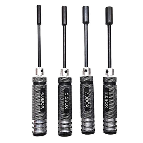 4 Piece Hex Nut Key Socket Set For RC Hobbyists Cars Trucks Boats And Planes Includes 4.0mm 5.5mm 7.0mm 8.0mm Sockets Flat Head Screwdrivers Wrench