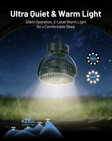 Camping Fan With Remote Control And 12000mAh Battery LED Light Hanging Hook Rechargeable Battery Operated Tent RV Fan