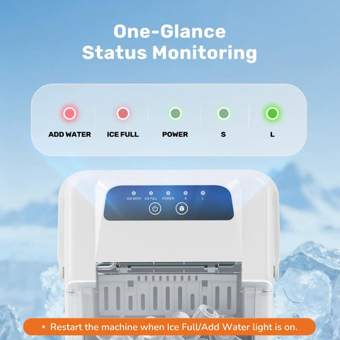 No-Hassle Portable Countertop Ice Maker With Scoop And Carry Handle status indicators showing ice levels and power.