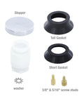 Chrome Touch Toe Tub Stopper Fits 2 Inch Cross Arm Drains With Adapters For Five Sixteenths And Three Eighths Inch Thread Sizes Hands Free Press To Close Or Open No Tools Required Bathroom Drain Accessory, components displayed