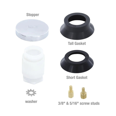 Chrome Touch Toe Tub Stopper Fits 2 Inch Cross Arm Drains With Adapters For Five Sixteenths And Three Eighths Inch Thread Sizes Hands Free Press To Close Or Open No Tools Required Bathroom Drain Accessory, components displayed
