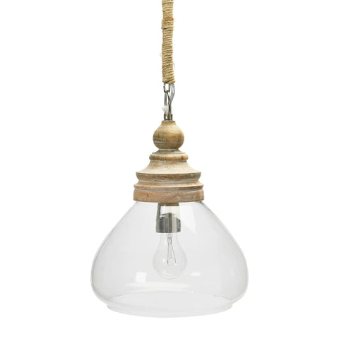 Glass And Mango Wood Ceiling Pendant Light With Distressed Brown Canopy And Jute Wrapped Cord, ideal for kitchens or living rooms.
