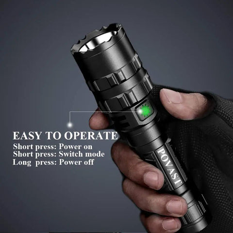 Hand holding Zoomable Green Light 1200 Lumen Rechargeable LED Flashlight for Outdoors and Hunting, USB charging, five modes.