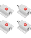 Push Button Spring Loaded Latch Four Pack White Quick Release Cabinet Catch Door Hardware For Drawers Cupboards Toolboxes And Storage Trunks No Sweat Setup Snappy Release Pretty Darn Secure Locking, showing four white latches with red buttons.