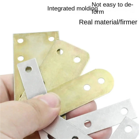 Rock Solid L Bracket Corner Brace 100 Pcs Nickel Plated Steel Mending Plates For Furniture Repair And Shelf Support in hand, showing different brackets.