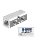 Two Way Pneumatic Manifold Air Distribution Block with 18mm inlets and 12mm outlets, heavy duty aluminum design in dual view
