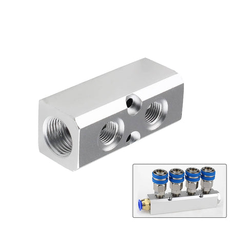 Two Way Pneumatic Manifold Air Distribution Block with 18mm inlets and 12mm outlets, heavy duty aluminum design in dual view