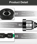 Product detail image showing the high-hardness alloy steel build and heavy-duty hexagonal shank of the Rock Solid 6 Piece Drywall Screw Setter Set.