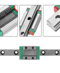 Slick Compact Miniature Linear Rail Guide With Slide Block For 3D Printers And CNC Machines 260mm Travel Available In 40 55 95 100 150 260mm Lengths High Precision Linear Motion For Smooth Reliable Axis Movement. close-up of steel rail with slide block