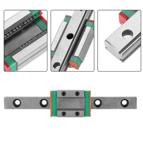 Slick Compact Miniature Linear Rail Guide With Slide Block For 3D Printers And CNC Machines 260mm Travel Available In 40 55 95 100 150 260mm Lengths High Precision Linear Motion For Smooth Reliable Axis Movement. close-up of steel rail with slide block