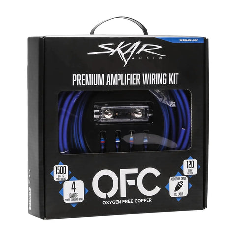 4 Gauge OFC Amplifier Wiring Kit Heavy Duty Installation Bundle with 17 ft power cable displayed in retail packaging.