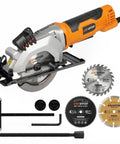 Side view of Extbtfor corded power circular saw with orange body and laser guide; includes three 4-1/2 in blades.