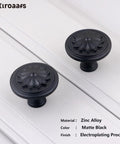 Matte Black Round Cabinet Knobs 10 Pack Zinc Alloy With Floral Design 1.4 Inch Diameter Drawer Knobs Top View