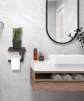Bathroom with Industrial Dope Pipe Toilet Paper Holder With Wooden Shelf Rustic Wall Mount Roll Holder For Bathroom And Washroom.