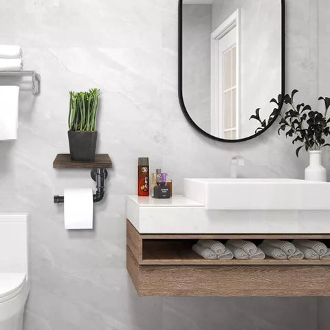 Bathroom with Industrial Dope Pipe Toilet Paper Holder With Wooden Shelf Rustic Wall Mount Roll Holder For Bathroom And Washroom.