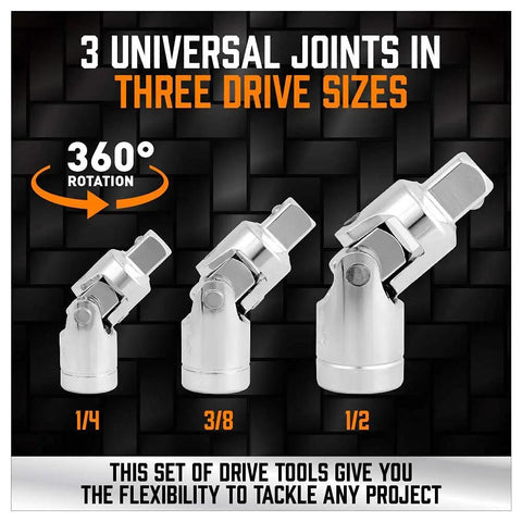 Three universal joints for 1/4, 3/8, and 1/2 inch drives from 20 Piece Socket Extension Bar Set With One Quarter Inch, Three Eighths Inch And One Half Inch Drives, Universal Joints, Couplers And Shank, CR-V Steel Handy Mechanic Kit For Reaching Tight Spaces.