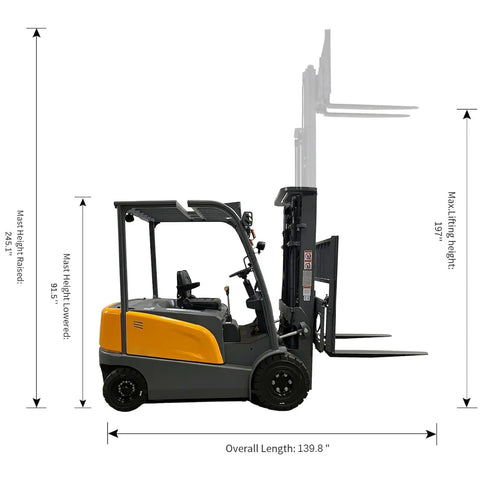 Heavy Duty Electric Pallet Stacker 197 Inch Lift Height 6600 Lb Capacity side view with operational dimensions displayed.