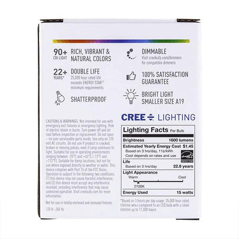 Back view of A19 LED Bulb 100W Equivalent, 1600 Lumens, Dimmable Soft White 2700K, 90+ CRI, 25,000 Hour Rated Life, Shatterproof Plastic box.