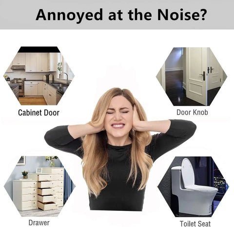 Woman covering ears with images of noise sources like cabinet door, drawer, door knob, and toilet seat.