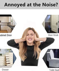 Person covering ears surrounded by images of cabinet door, drawer, door knob, and toilet seat due to noise annoyance
