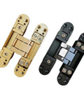 2Pcs Sleek And Rock Solid Three Dimensional Adjustable Hidden Door Hinges In Black Finish For Zero Visible Gap Cabinet Doors Plus Easy Install Heavy Duty Zinc Aluminum Alloy Construction For Pros displayed in black and gold colors.