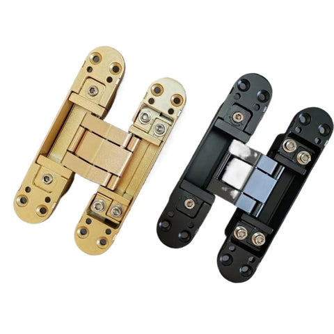 Two Piece Set Of Three Dimensional Adjustable Hidden Door Hinges Featuring A Slick Zinc Alloy Build For Heavy Duty Use That Puts No Fuss Installations On Autopilot While Keeping Cabinets Looking Damn Sharp In Silver Tone in gold and black finishes.