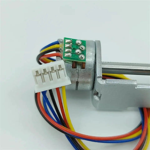 Compact 80 Millimeter Stroke Micro Linear Stepper Motor With 5V 2 Phase 4 Wire Lead Screw Actuator detailed view with wiring.
