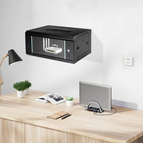 Rock Solid 4U Wall Mount Server Cabinet With Clear Glass Door Network Rack Enclosure holding a router in a home office setup.