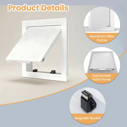 Heavy Duty Drywall Access Panel 14 By 14 Inch Wall Hole Cover White Galvanized Steel with aluminum alloy frame and magnetic buckle.