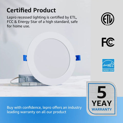 6 Pack 4 Inch Canless LED Recessed Lights with Junction Box, Ultra Thin 5000K Daylight, energy certifications displayed