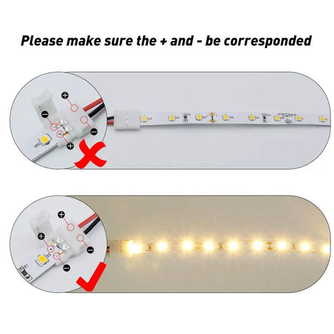 Proper use of 10 Pack 2 Pin Solderless LED Strip Connectors For 8mm Wide 3528 2835 Single Color Flex Strips with indication.