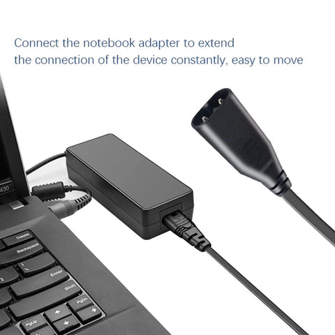 Straight Up Heavy Duty C7 To C8 Power Extension Cable 3 Pack IEC 320 connected to a laptop's adapter for easy movement.