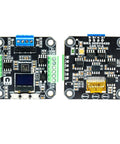 Two MKS SERVO42D servo driver boards, black PCBs with green terminal blocks, front and back views.