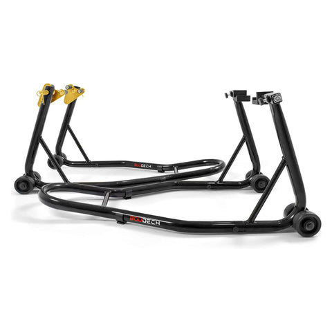 Heavy Duty Motorcycle Stand Lift 850lbs Front And Rear Combo with Dymond shape front and U-fork rear spool for maintenance.