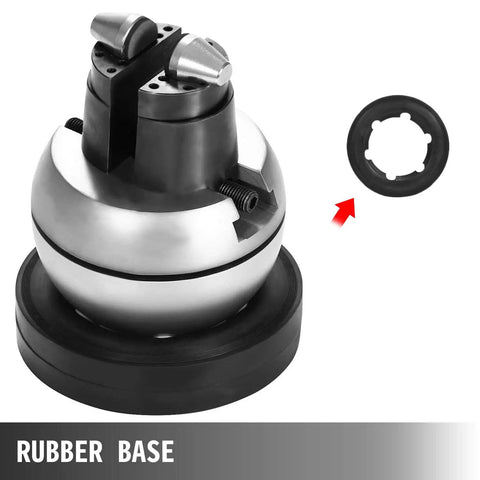 Badass 5 Inch Ball Vise With 360 Degree Swivel Head and 34 Piece Jewelry Setting Attachments Solid Stainless Steel Workbench Vice close-up view of rubber base and swivel head.