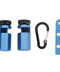 Precision Stair Gauge Knob And Framing Square Jig With Dead On Angle Cutting Guide For Pro Carpenter Marking Built Tough Aluminum Alloy Rust Proof Design That Locks Tight For Straight Stringer Layout Work Every Time components, two blue aluminum knobs, a carabiner, and a clip.