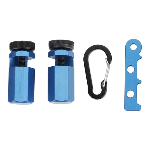 Precision Stair Gauge Knob And Framing Square Jig With Dead On Angle Cutting Guide For Pro Carpenter Marking Built Tough Aluminum Alloy Rust Proof Design That Locks Tight For Straight Stringer Layout Work Every Time components, two blue aluminum knobs, a carabiner, and a clip.